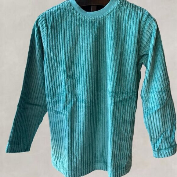 Denim & Co. Sweatshirt Crew Neckline Wide Wale Ribbed Trim Woven Chenille Teal S - Picture 2 of 9